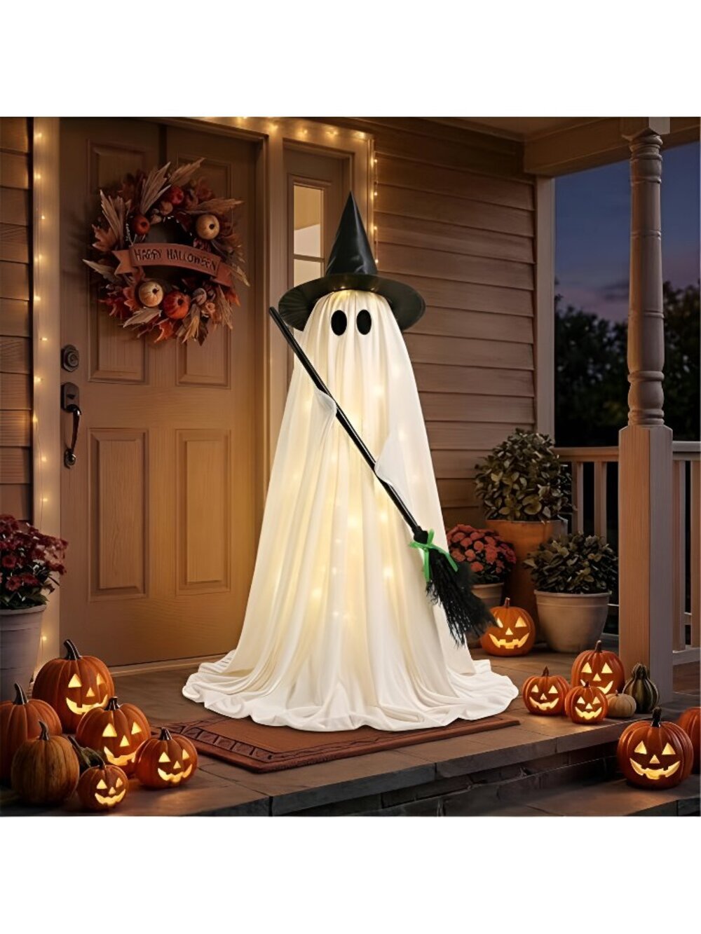 Halloween Decorations Outdoor Lighted Ghost, Witch Hat Broom Yard Decor